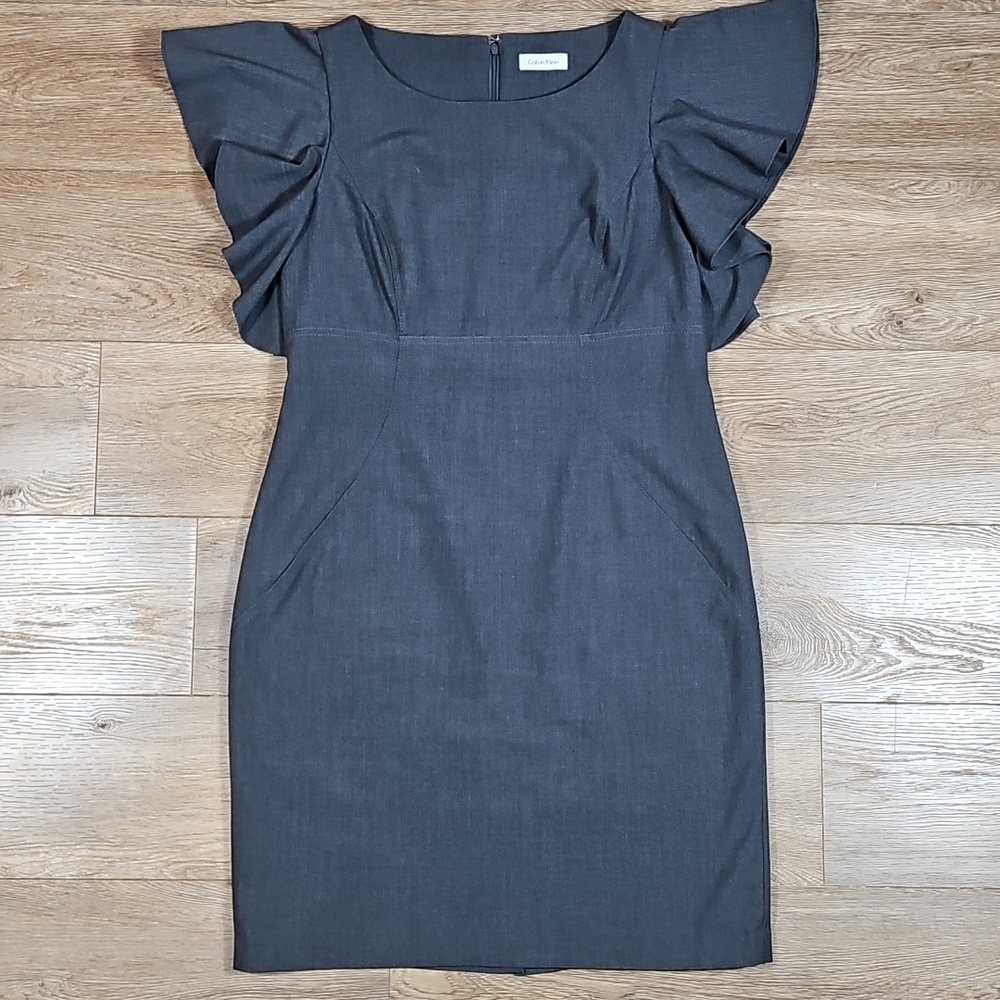 Calvin Klein Charcoal Grey Flutter Ruffle Sleeve Knee Length Sheath Dress - Picture 12 of 16